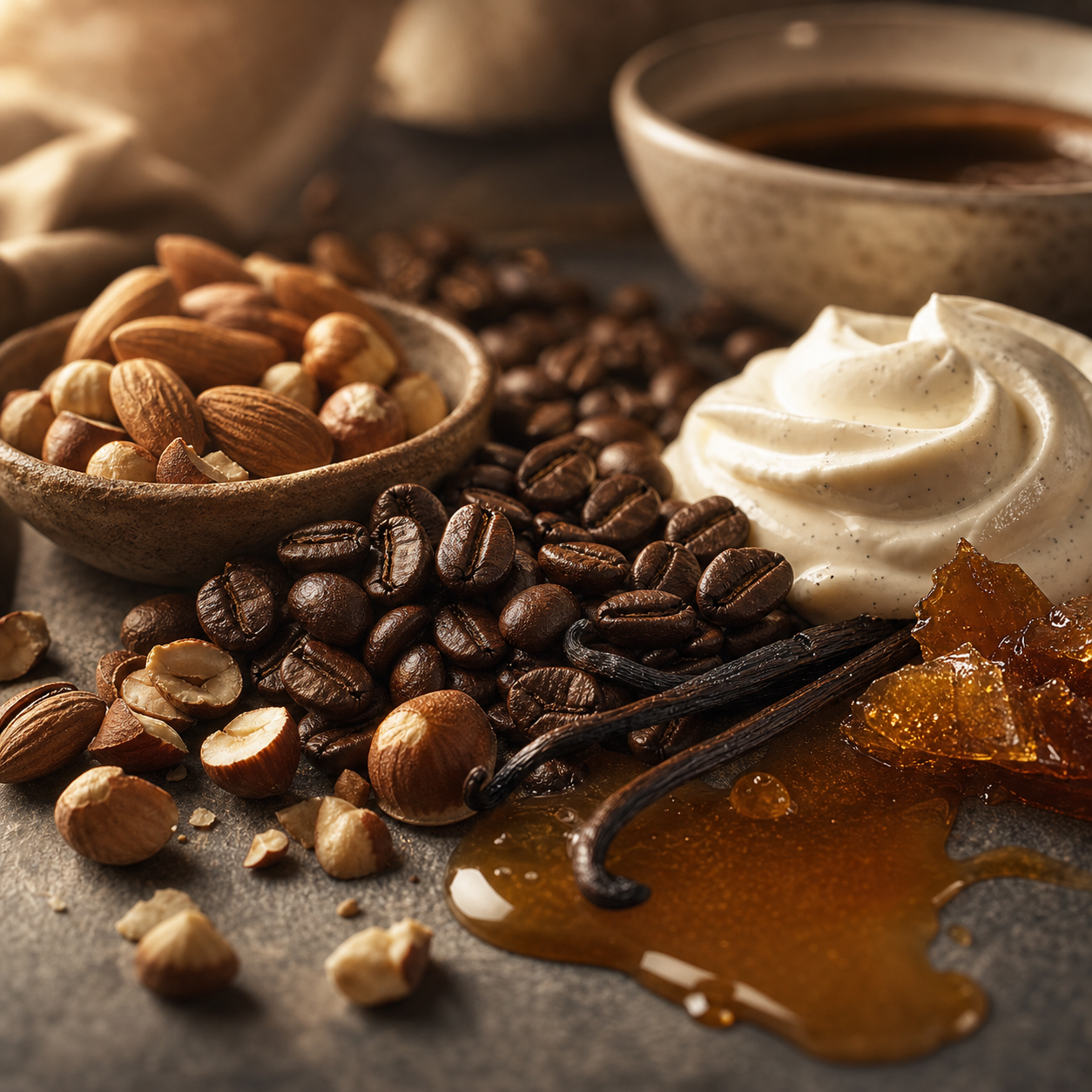Spices, nuts, and a bowl of cream on a textured surface
